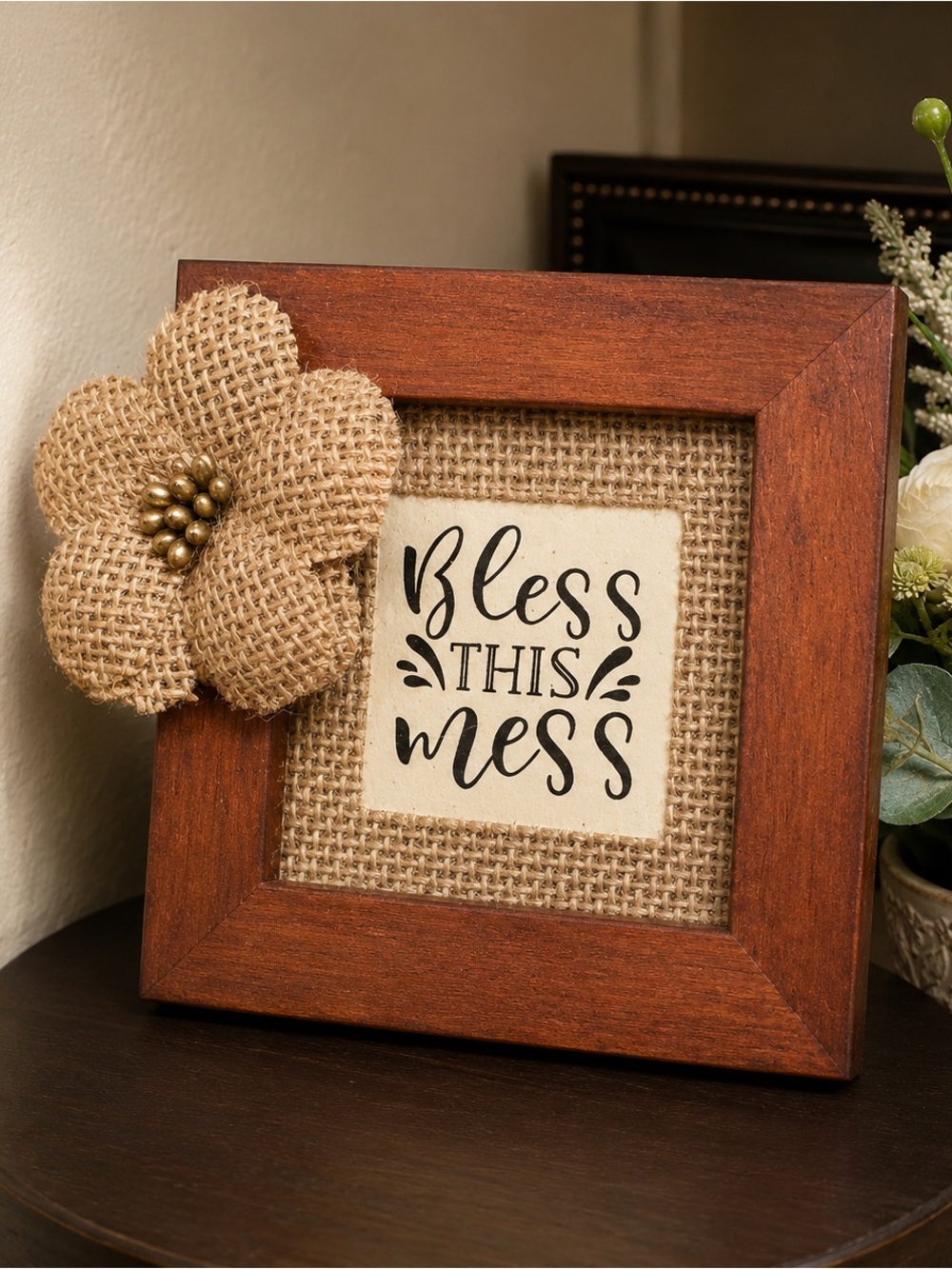“Bless this Mess” In New Walnut Frame with Rustic Burlap Mat (Version 1) - Picture 3 of 3